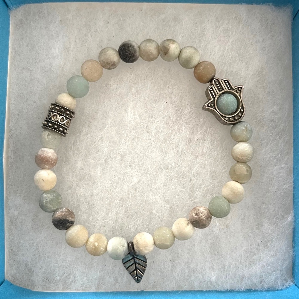 Amazonite Stone Bead Stretch‎ Bracelet Hamsa Hand Leaf Charms Boho Sage Green